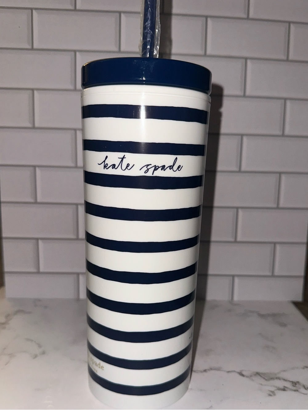 Kate Spade Navy and White Striped Tumbler with Lid